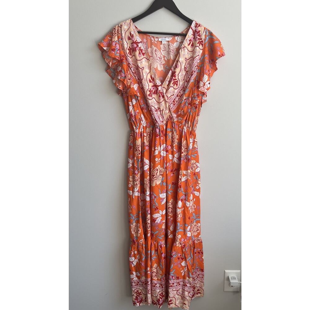 Venus Lascana Maxi Dress orange floral print Summer Spring Sundress L Resort